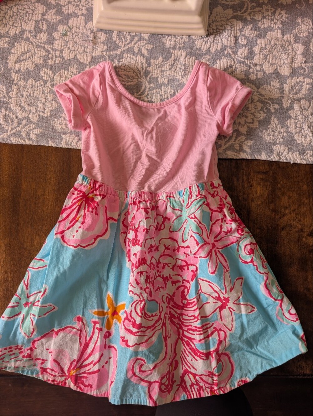 Lilly Pulitzer Pink Bodice Aqua Floral Skirt Girls Dress/ 2-3 Years/ Like New